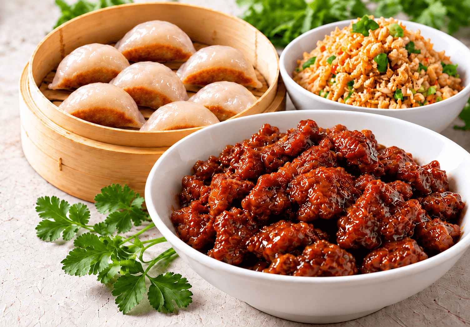 Singapore Sam's dumplings, fried rice and glazed beef